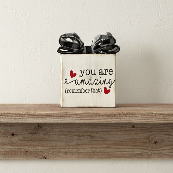You Are Amazing Wooden Block Sign With Buffalo Check Bow Handmade 4" x 4" Basket - Picture 1 of 6